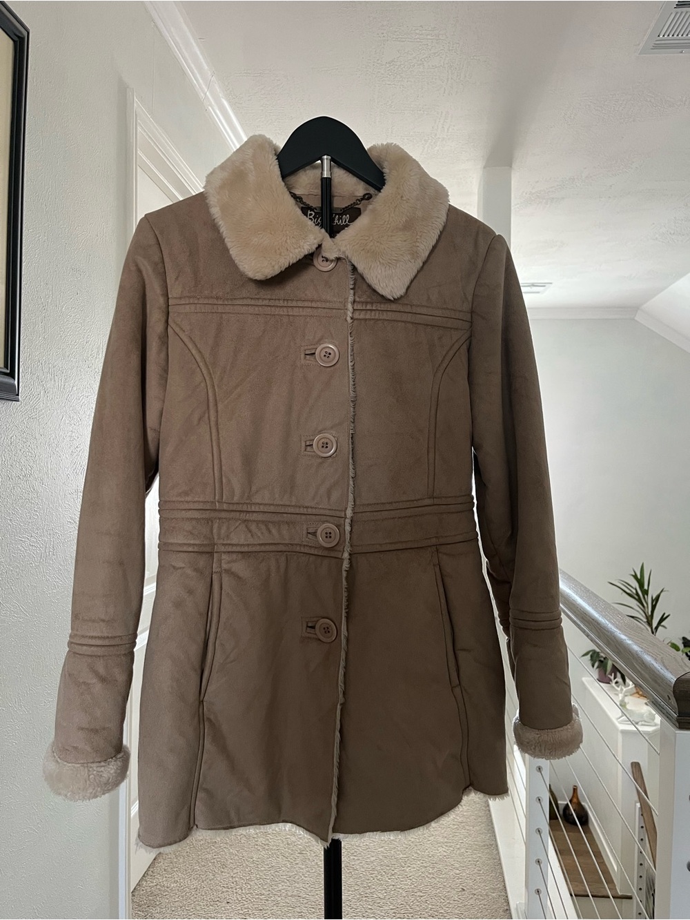 Big Chill Taupe Faux Suede Trench Coat with Faux Fur Collar